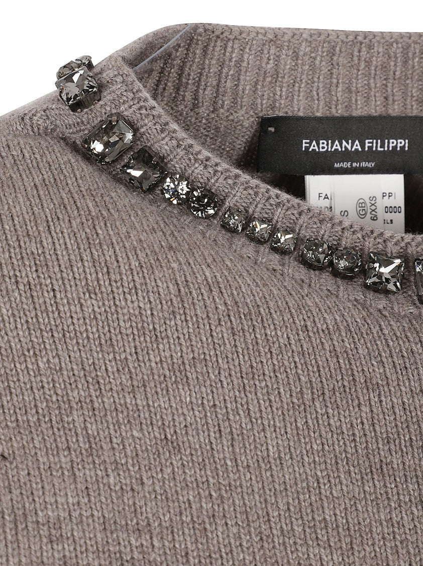 Fabiana Filippi Short-Sleeved Ribbed Knit Top With Decorative Gemstones