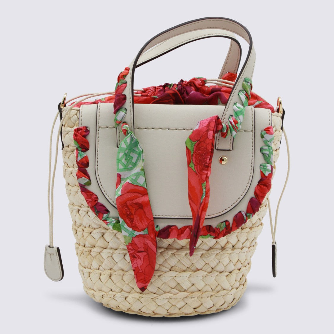 Cuba Lab Woven Straw Bag With Light Beige Leather Accents And Floral Fabric Embellishments