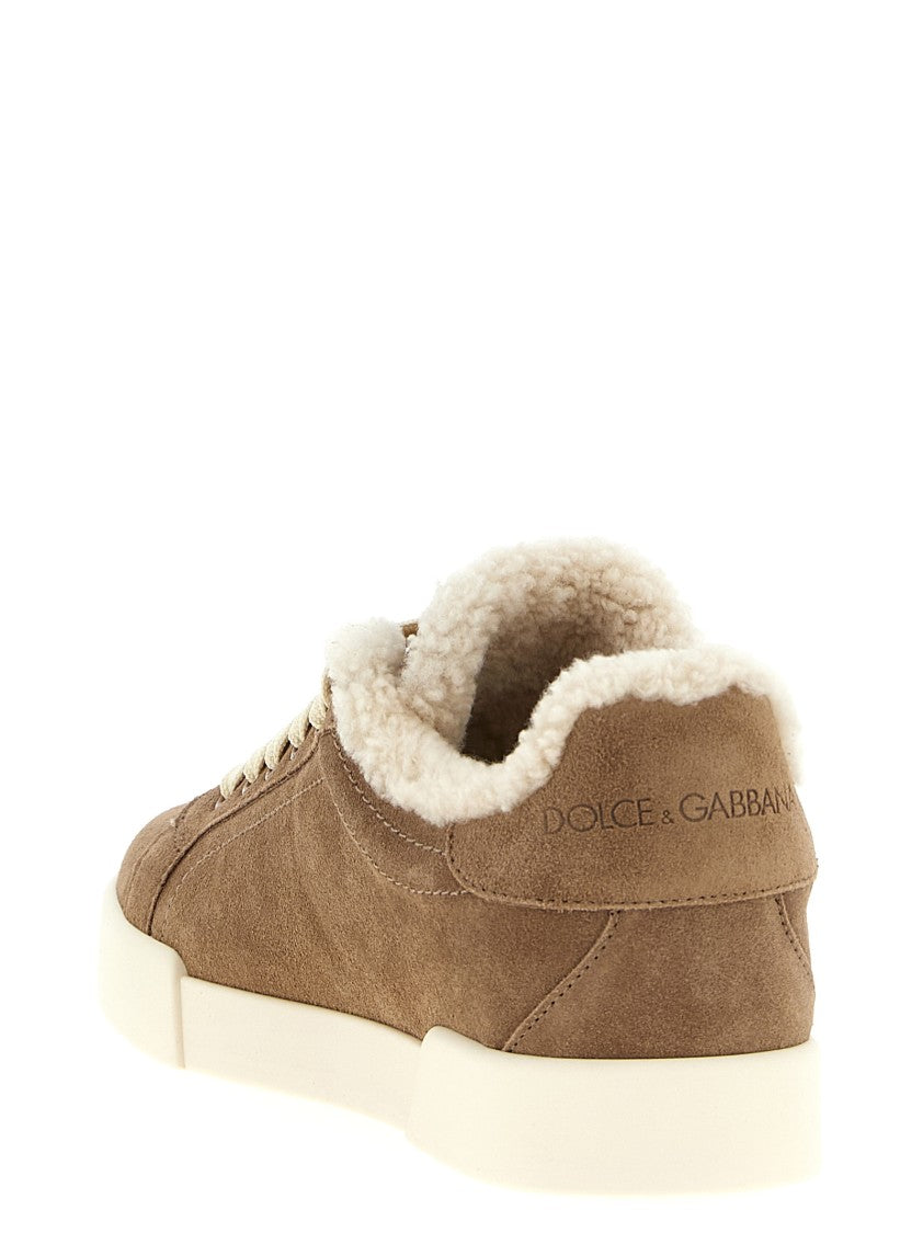 Dolce & Gabbana Suede Sneakers With Shearling Logo And Plush Lining