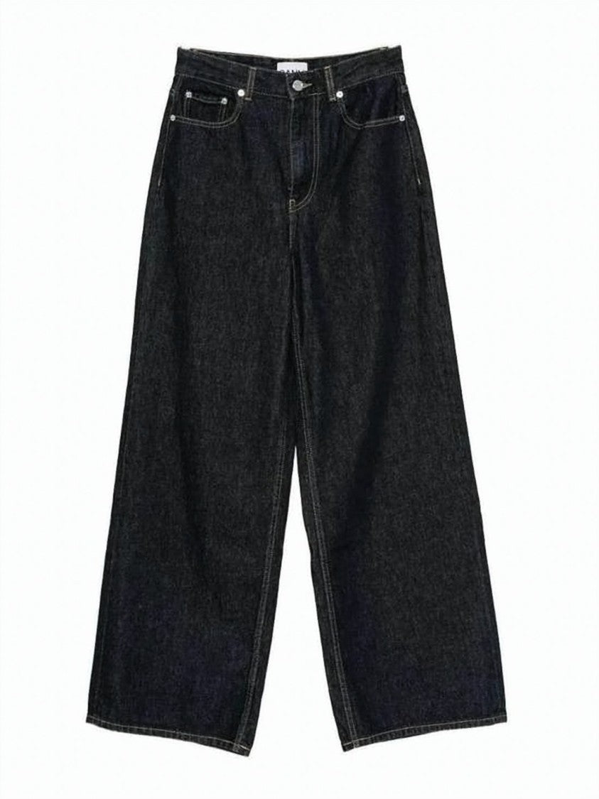 Ganni Dark Indigo Wide-Leg Denim Pants With High Waist