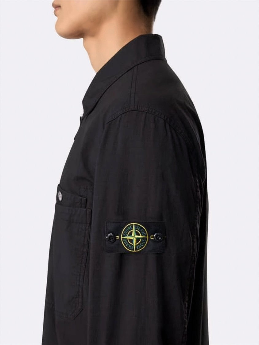 Stone Island Black Jacket With Classic Collar And Distinctive Patch