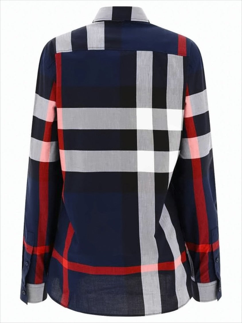 Burberry Navy Check Pattern Long-Sleeve Cotton Shirt