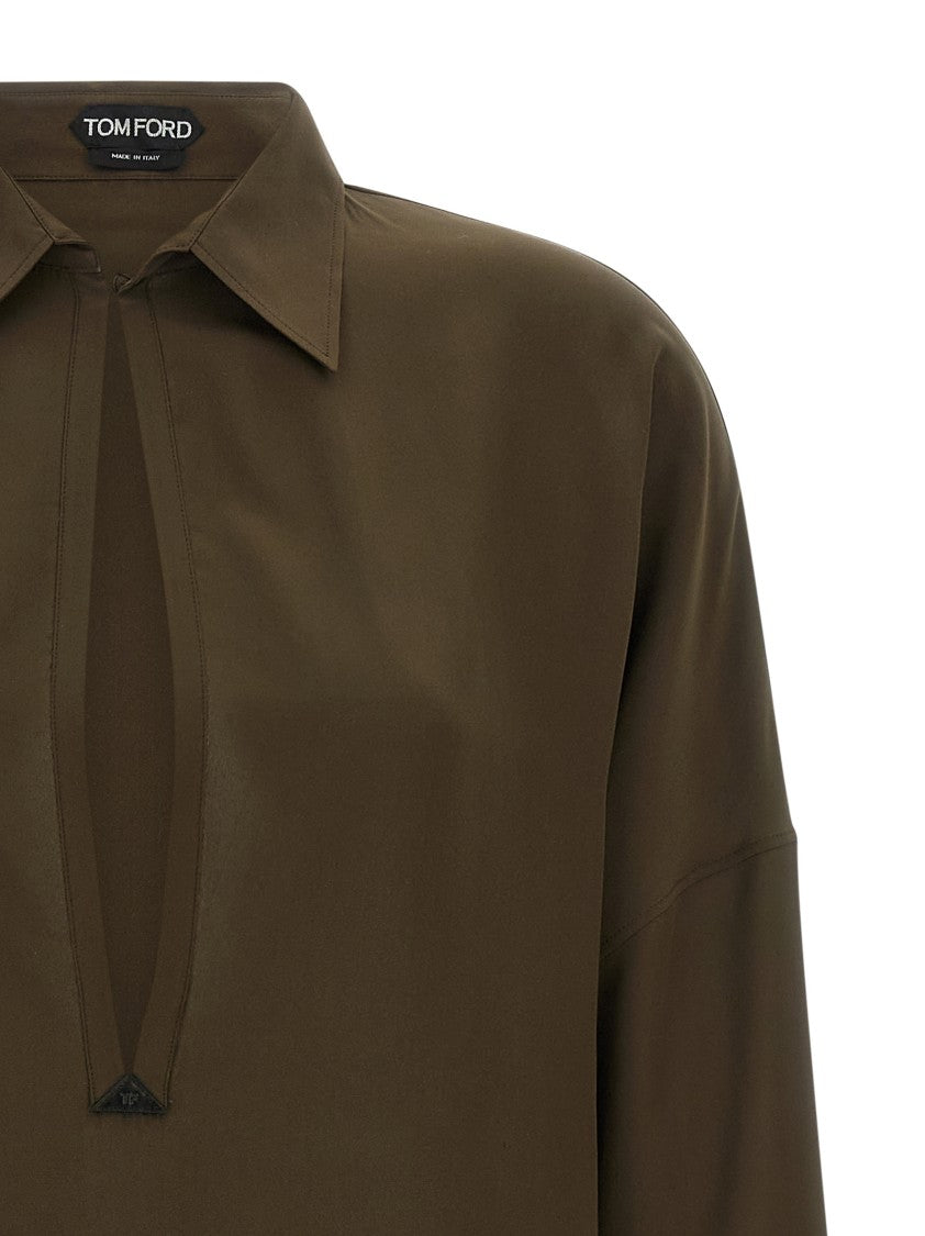Tom Ford Crêpe De Chine Silk Midi Dress With Leather Accents And Asymmetrical Hem
