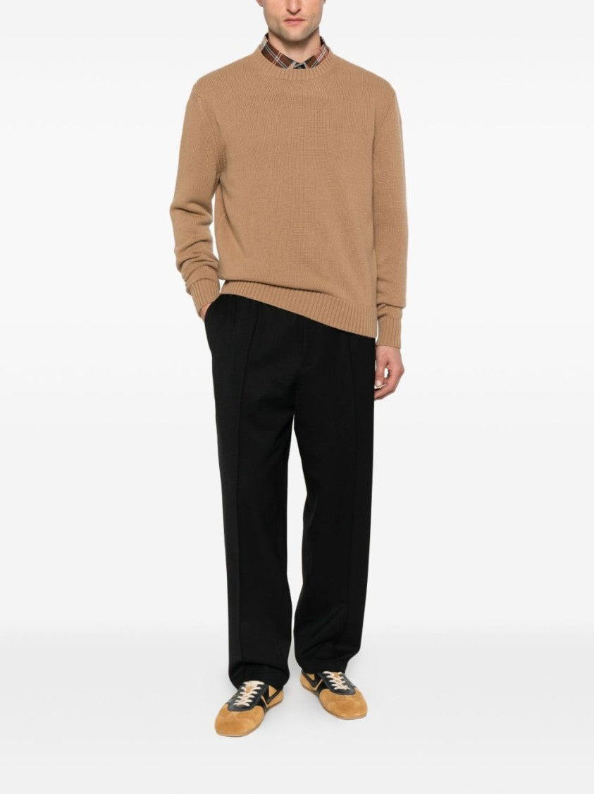 Seven Gauge Camel-Colored Crew Neck Sweater With Ribbed Cuffs And Hem