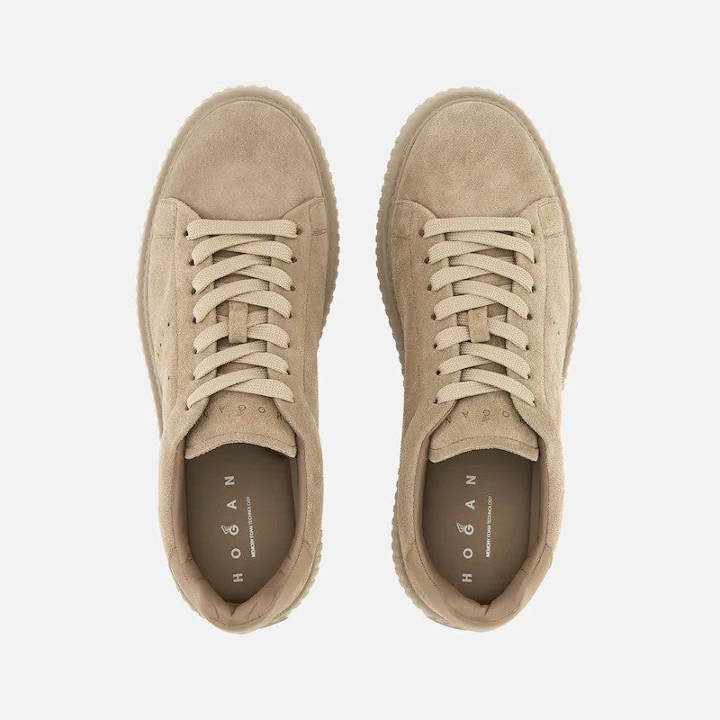 Hogan Beige Monochromatic Ribbed Sole Suede Low-Top Sneakers