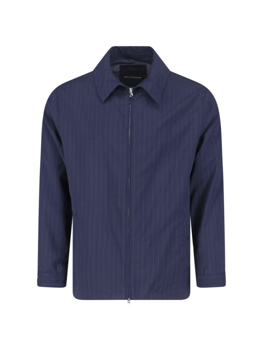 White Sand Blue Pinstripe Virgin Wool Blend Jacket