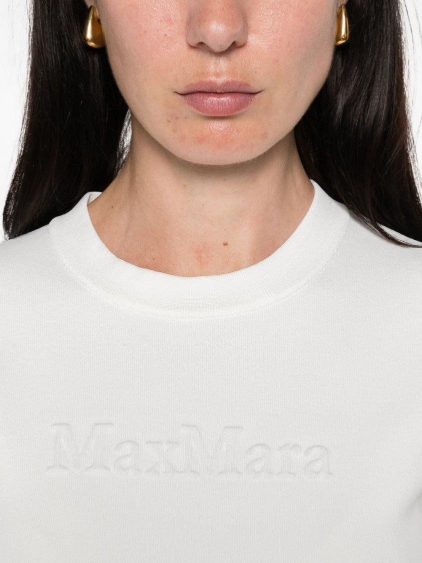 Max Mara Ribbed Knit White Short-Sleeve Top With Debossed Logo