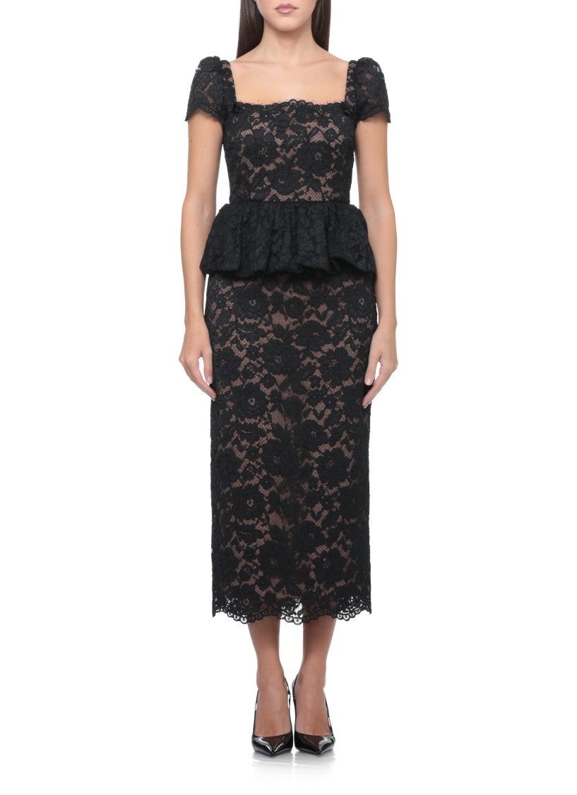 Self-Portrait Peplum Black Lace Midi Dress With Intricate Detailing