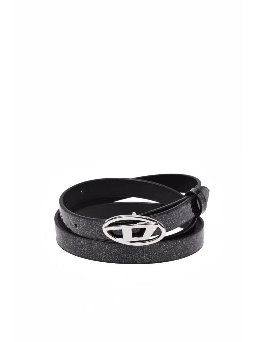 Diesel Black Leather Belt With Glitter Accents And Silver Buckle