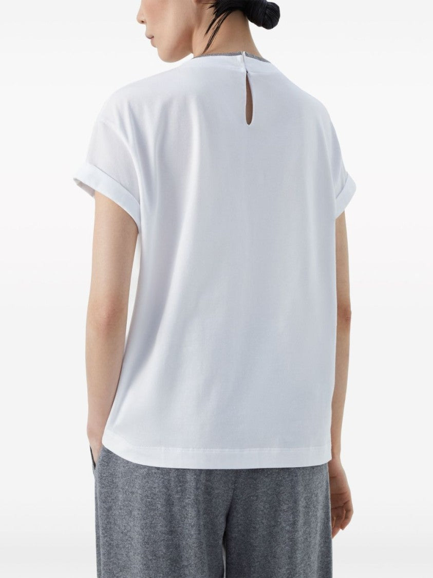 Brunello Cucinelli White Monili Detail Crew Neck Cotton T-Shirt