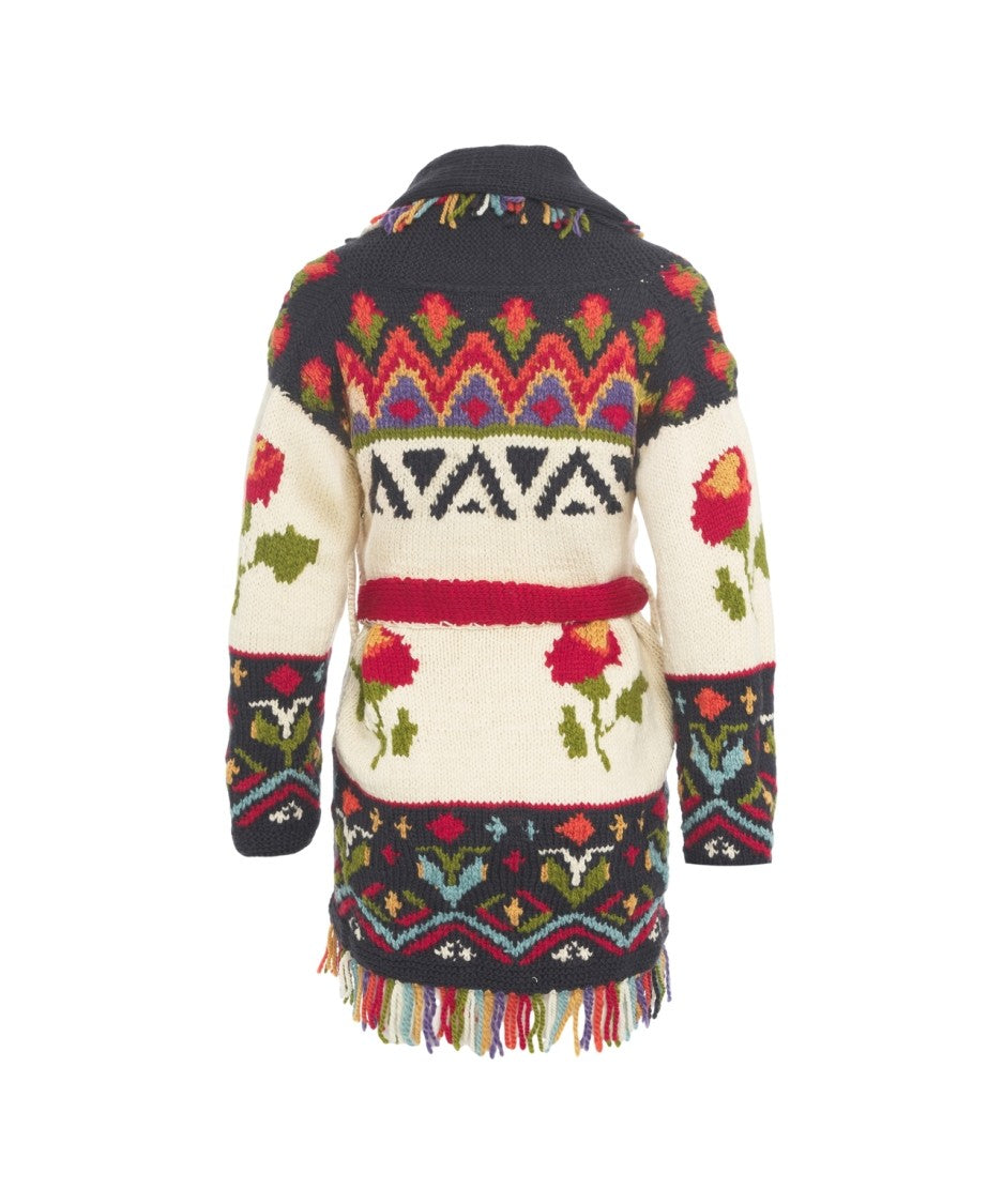 Frantic Multicolored Knit Cardigan With Fringe And Oversized Shawl Collar