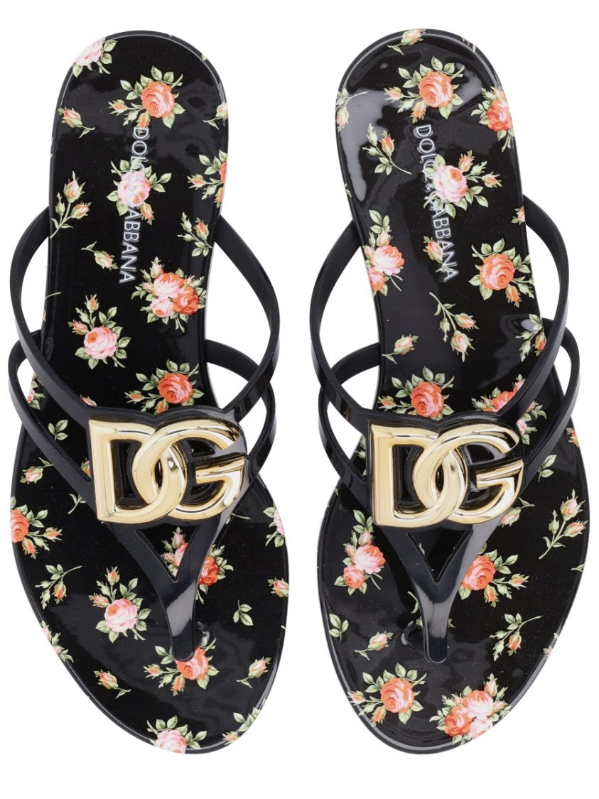 Dolce & Gabbana Black Floral Print Plaque Strap Tpu Sandals