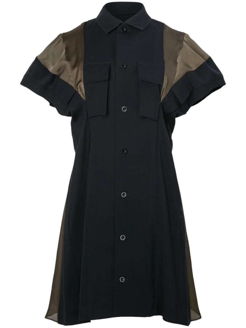Sacai Structured Wool Suiting Dress With Sheer Panel Details