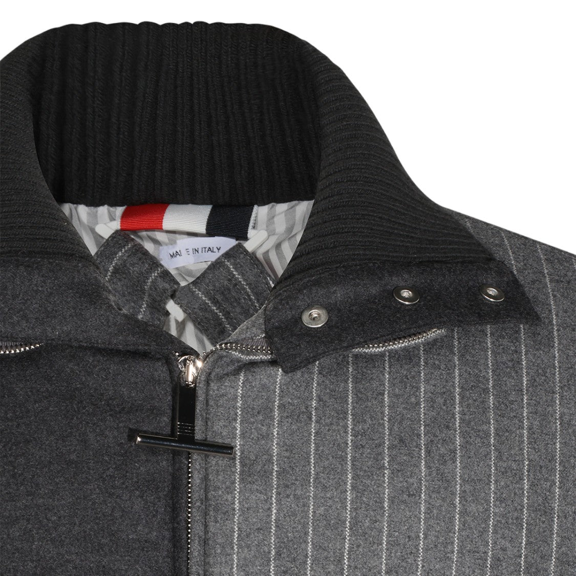 Thom Browne Patchwork Wool Ribbed Collar Toggle Coat