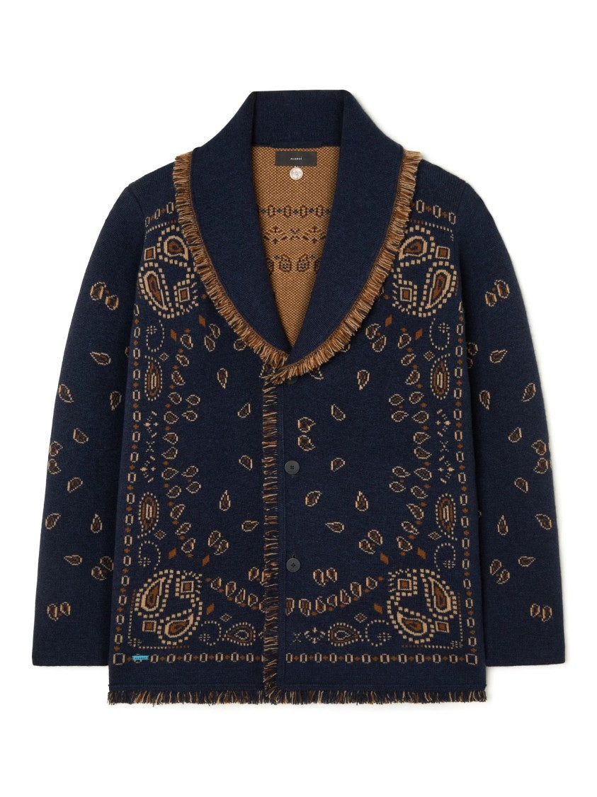 Alanui Bandana Jacquard Cardigan With Shawl Collar And Fringed Edges