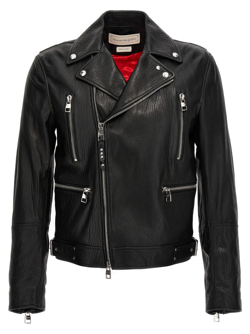 Mcqueen Textured Leather Jacket With Zip Closure