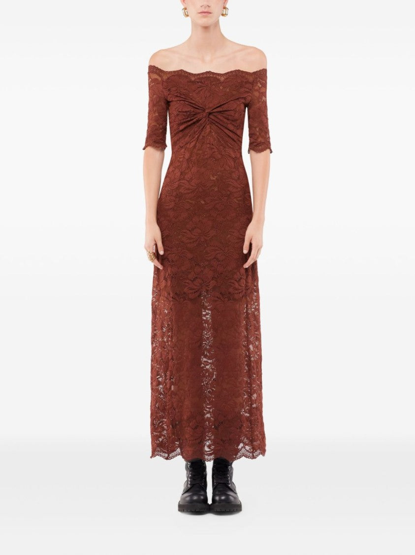 Rabanne Off-The-Shoulder Brown Midi Dress With Twisted Knot Detail
