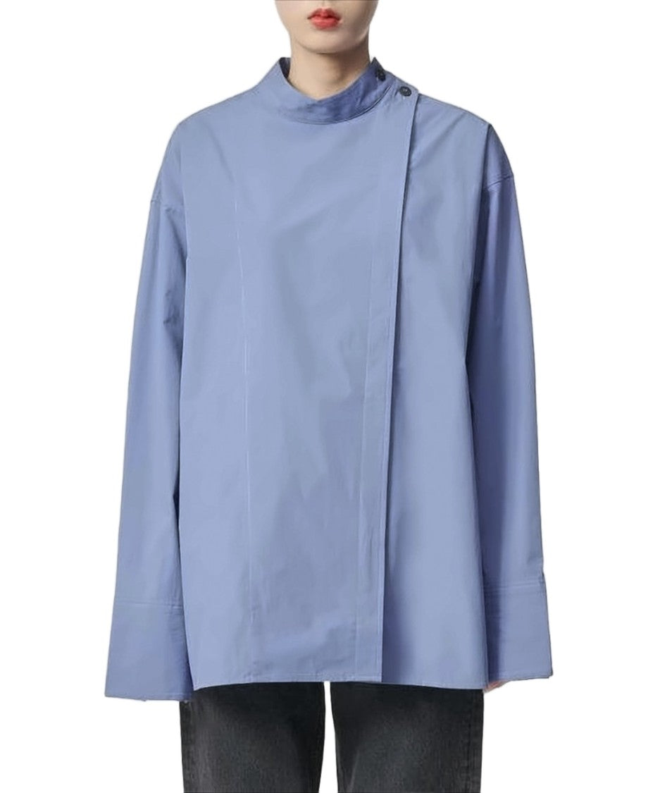 Studio Nicholson Boxy Blue Cotton Shirt With Asymmetrical Placket
