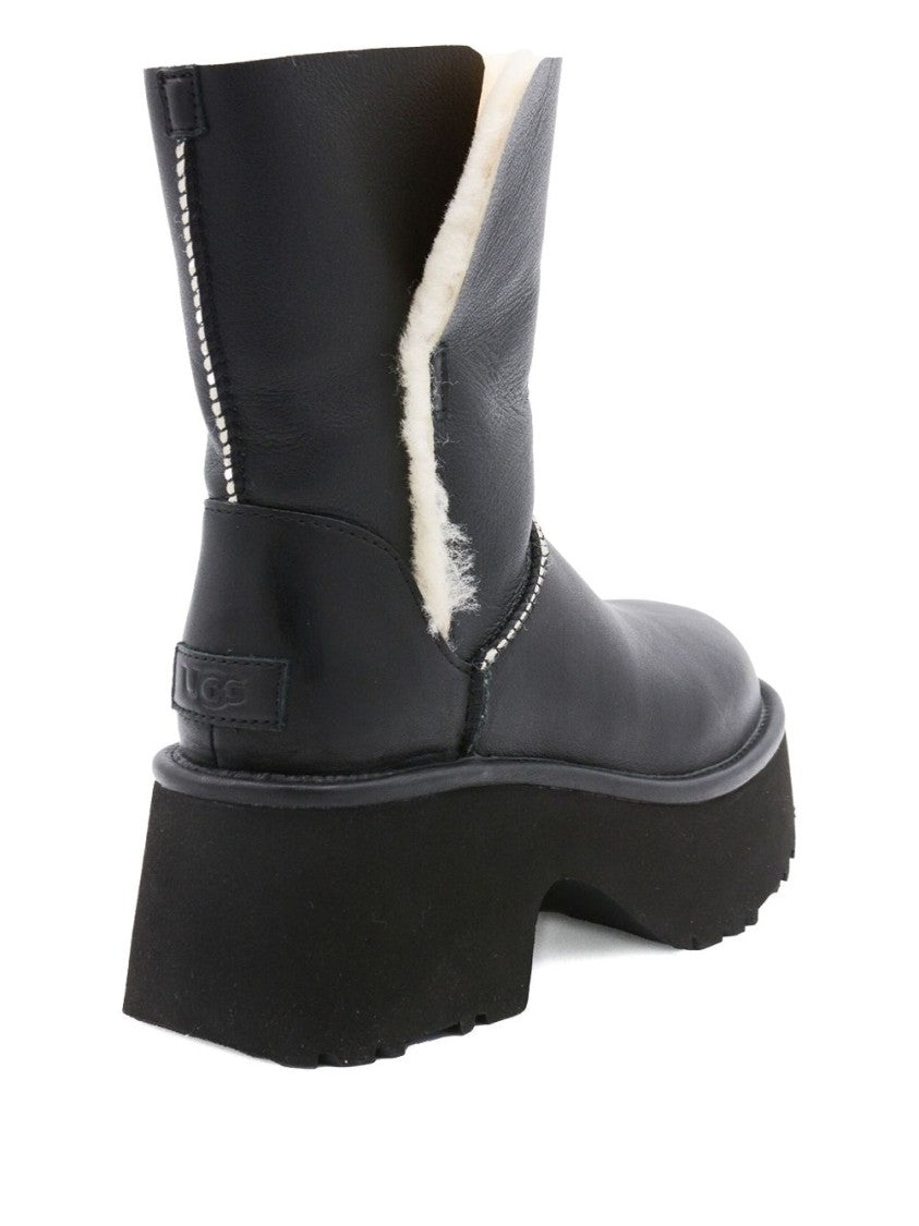 Ugg Fur-Trimmed Black Leather Platform Boots With Block Heel
