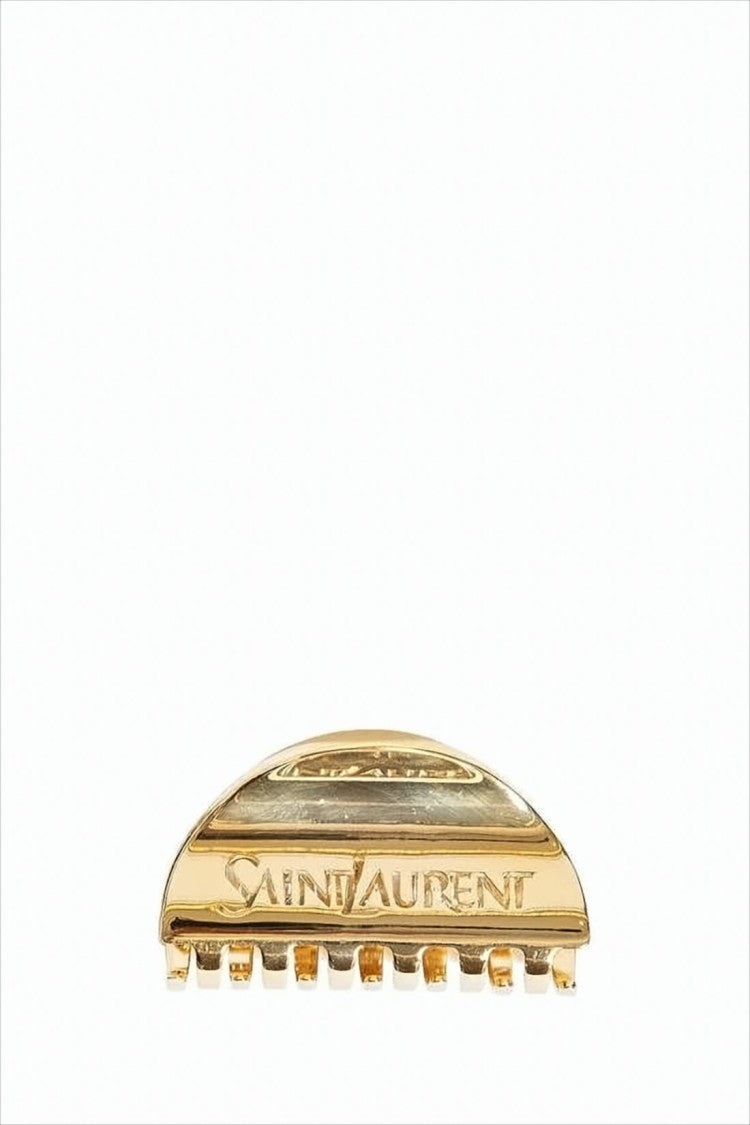 Saint Laurent Polished Gold Metal Hair Clip With Engraved Logo