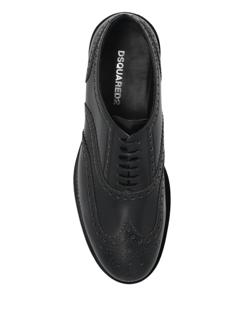 Dsquared2 Black Wingtip Perforated Leather Brogue Flats