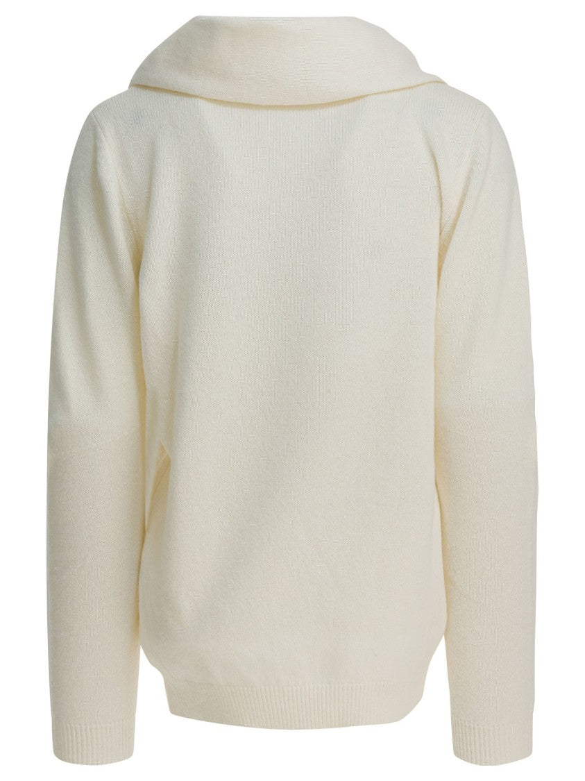 Sandbeige Knitwear With Attached Scarf And Fringed Ends