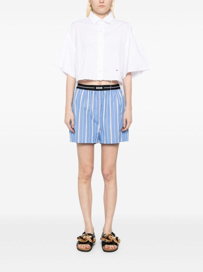 Msgm Light Blue Striped Shorts With Logo Waistband