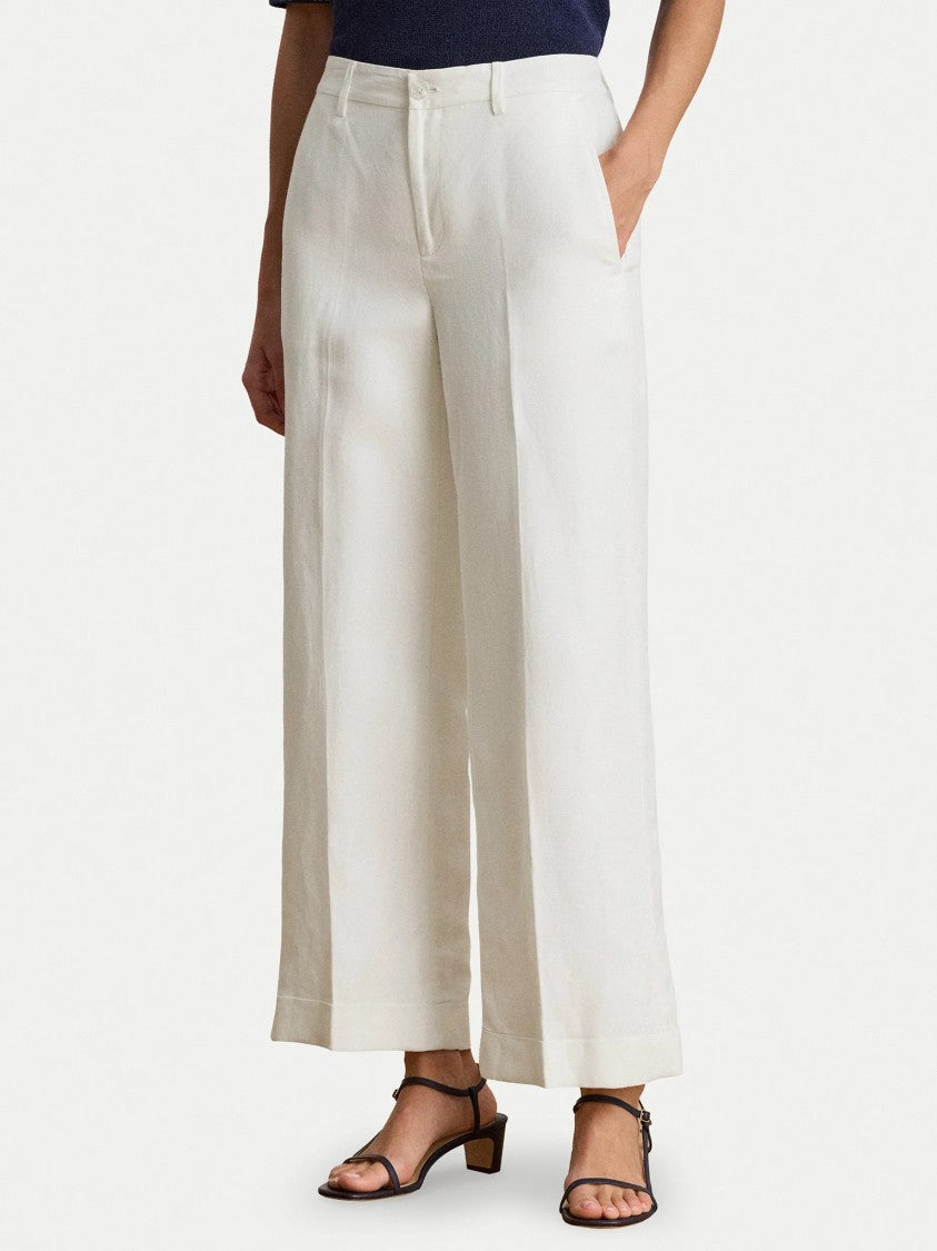 Lauren Ralph Lauren White Sendon Cropped Pleated Linen Trousers