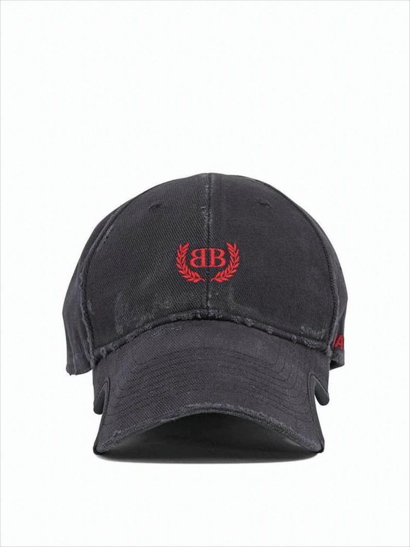 Balenciaga Distressed Black Cotton Baseball Cap With Embroidered Emblem