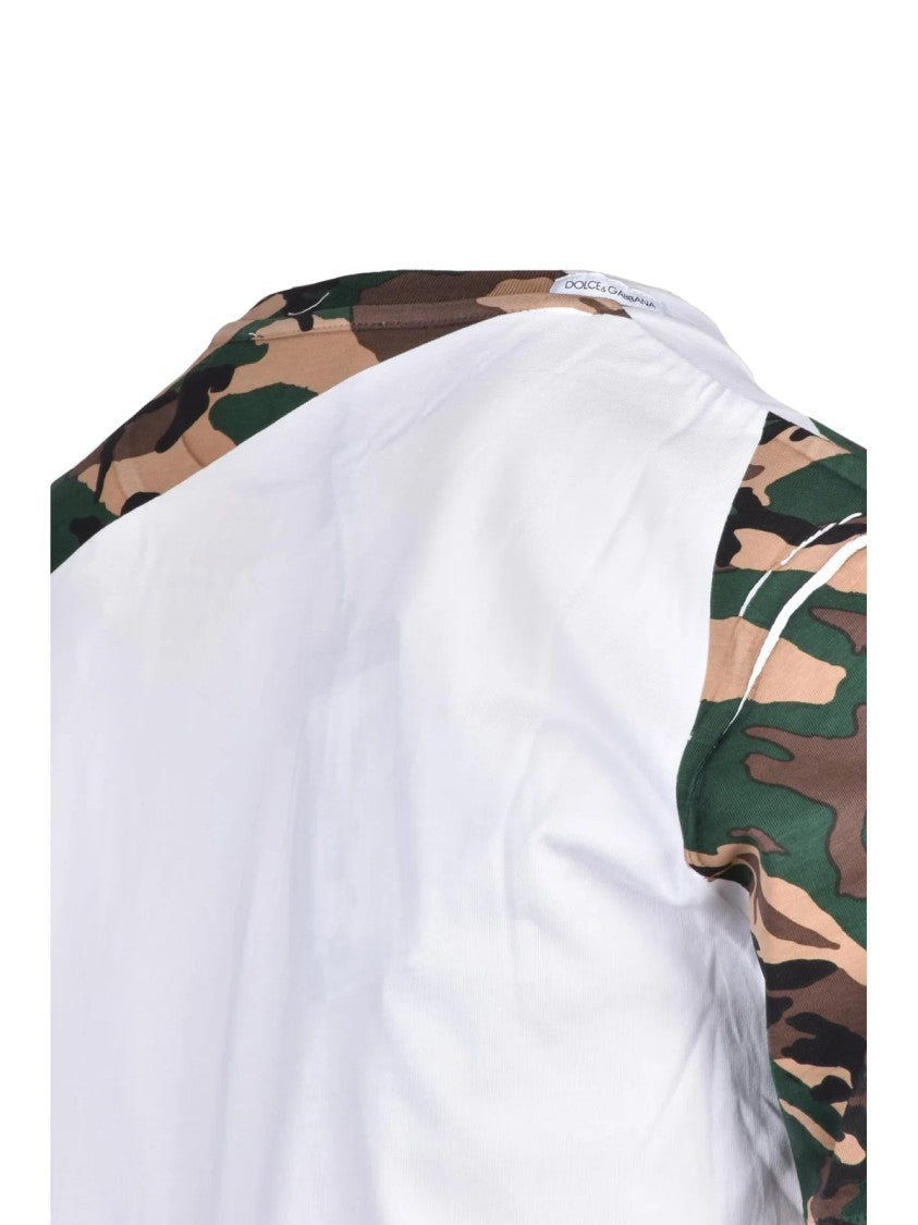 Dolce & Gabbana White/Green Camouflage Sleeve Panel Cotton T-Shirt
