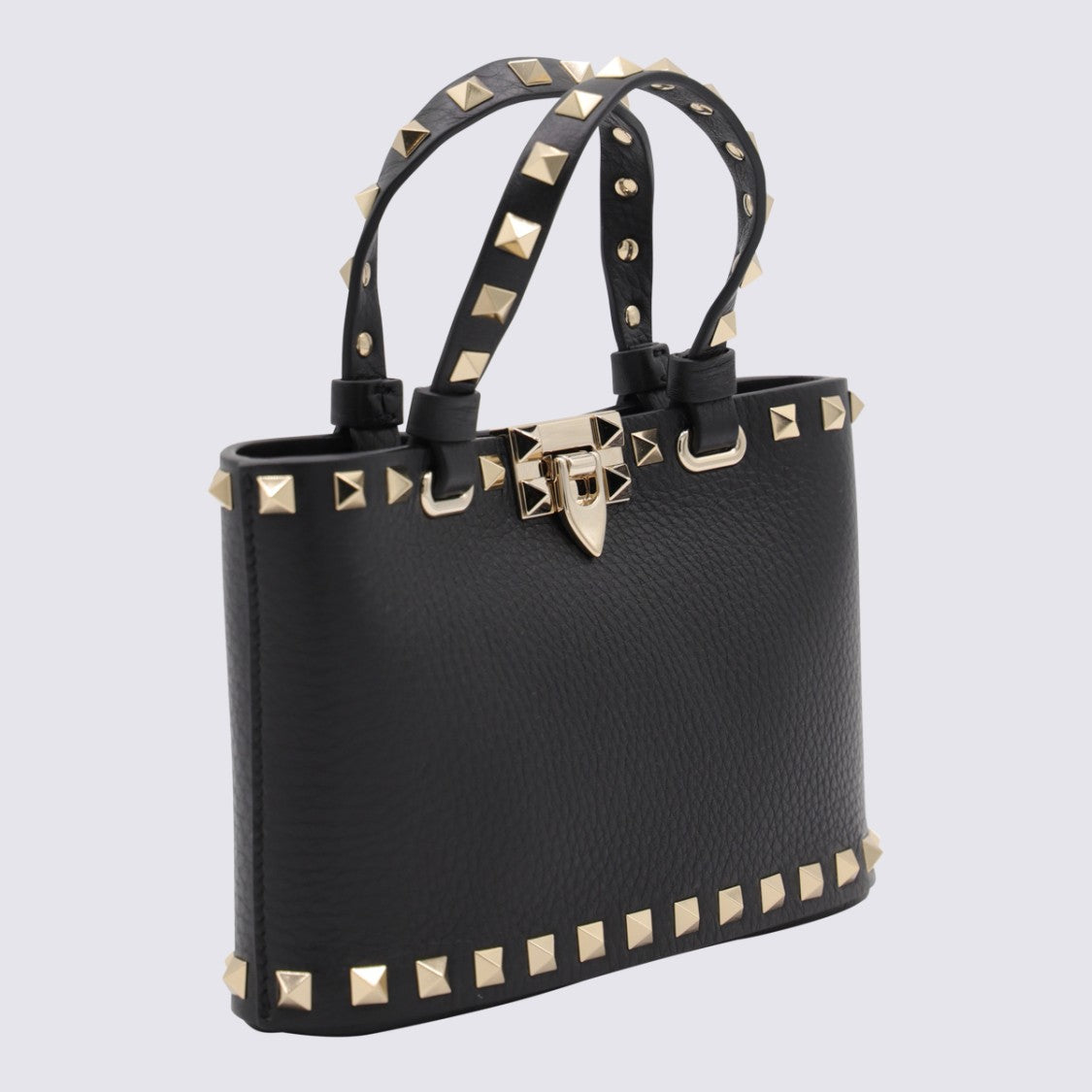 Valentino Garavani Textured Black Handbag With Gold-Tone Pyramid Studs