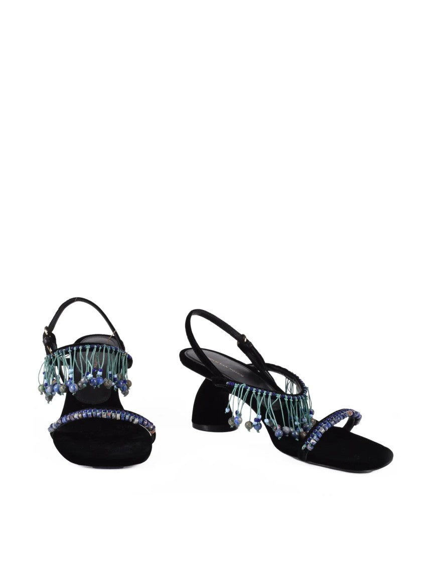 Dries Van Noten Beaded Black Velvet Geometric Heel Sandals