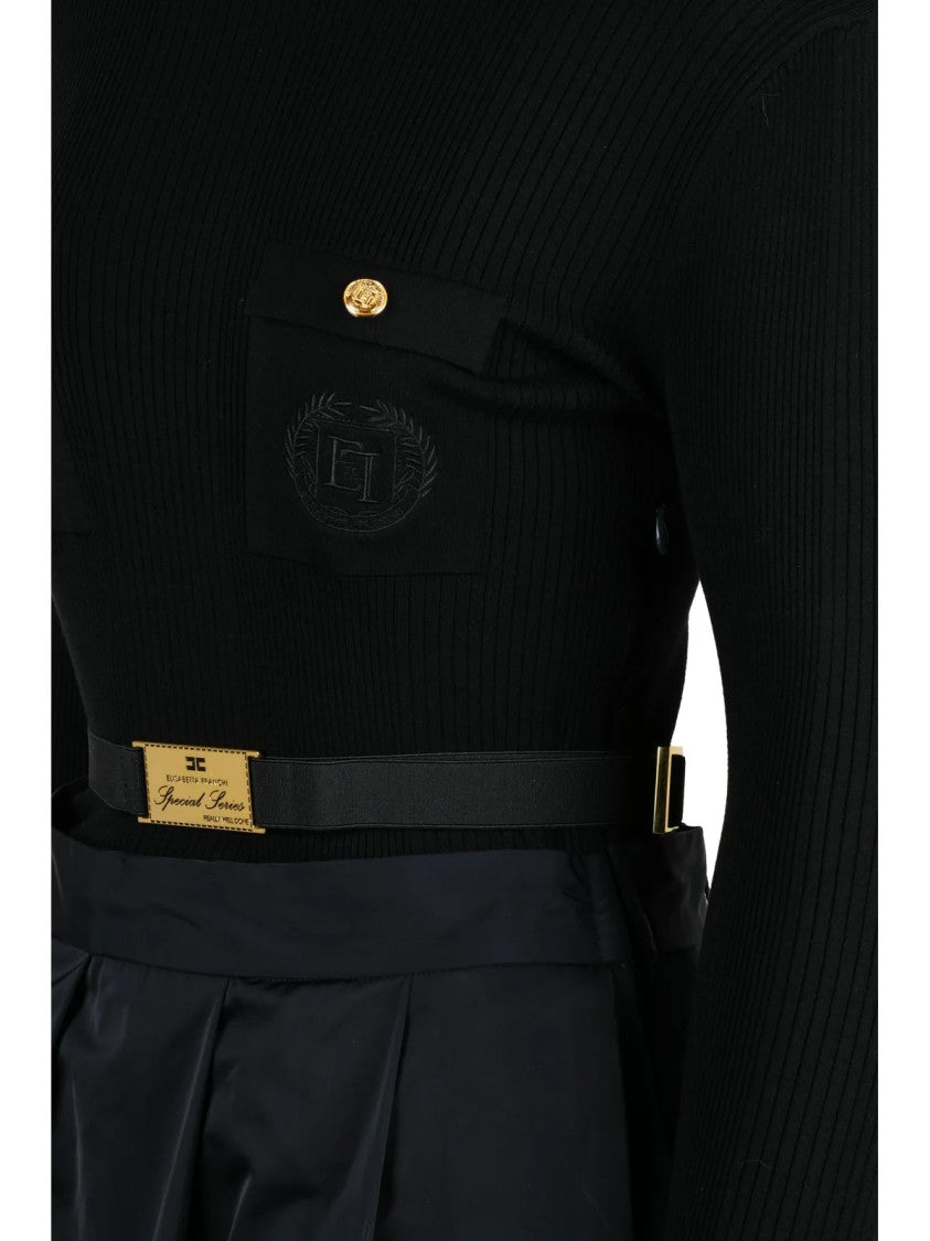 Elisabetta Franchi Black Ribbed Knit Wool-Blend Mini Dress