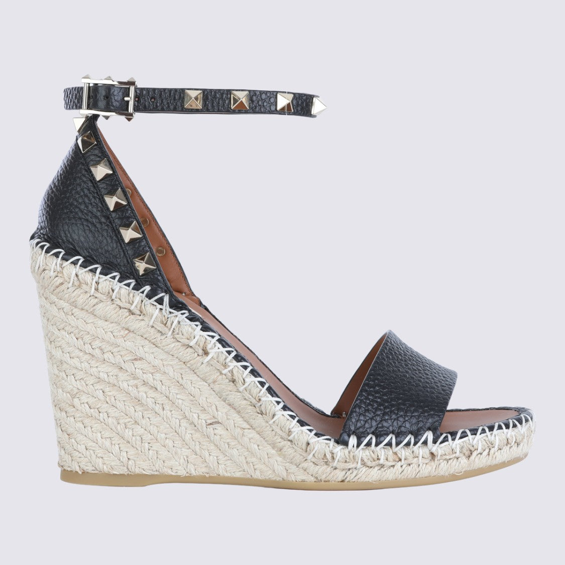 Valentino Garavani Black Leather Raffia Wedge Flats