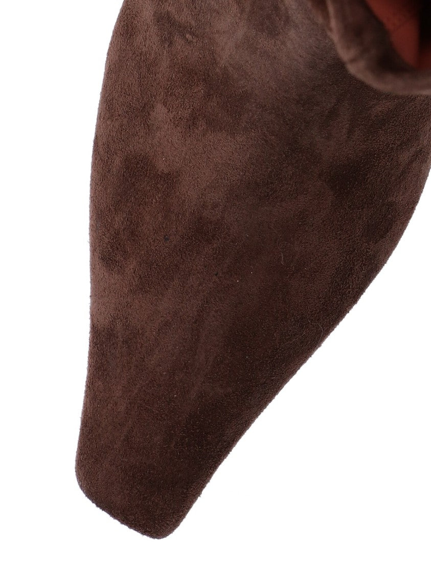 Amina Muaddi Ruched Dark Brown Suede Ankle Boots