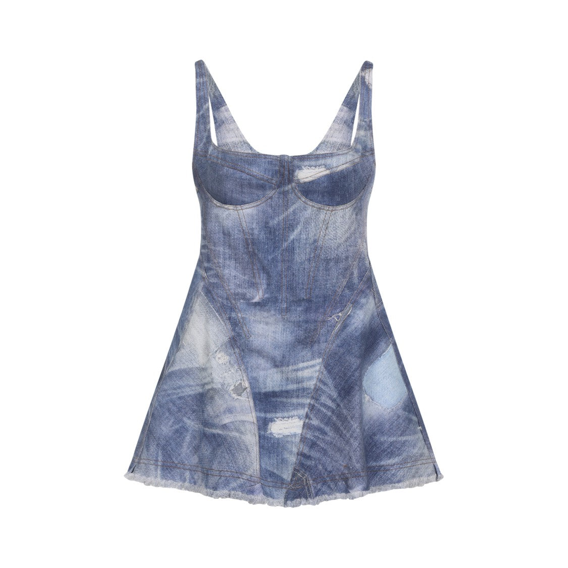 Roberto Cavalli Mini Denim Patchwork Dress With Structured Cups And Frayed Hem