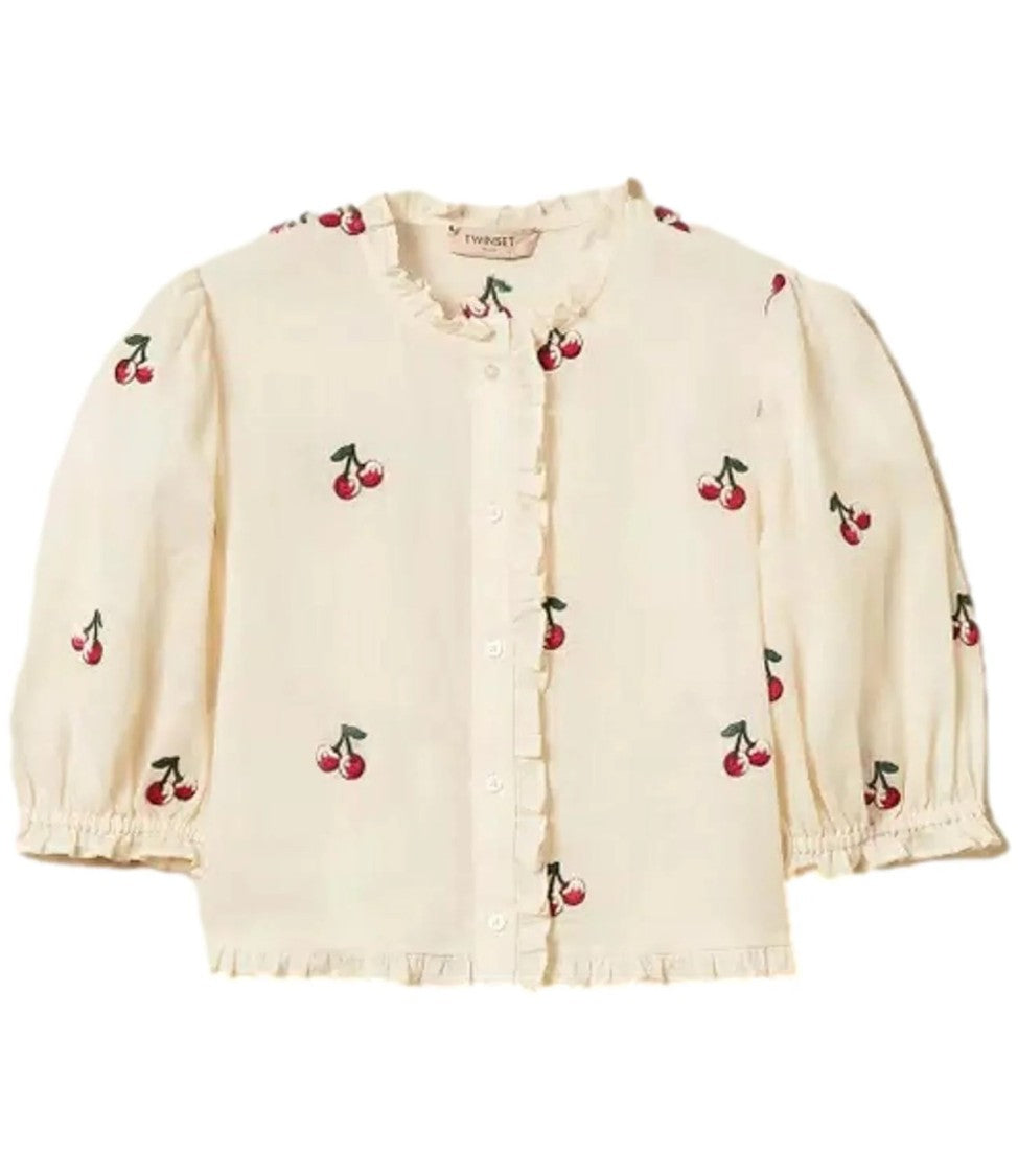 Twin-Set Cropped Blouse With Cherry Print And Ruffle Detailing