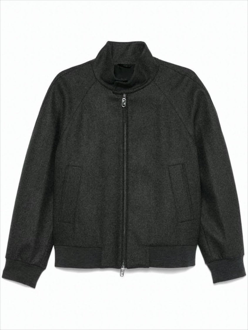 Fendi High Collar Grey Bomber Jacket With Ribbed Details