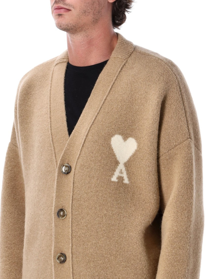 Ami Paris V-Neck Alpaca Cardigan With Intarsia Heart Logo