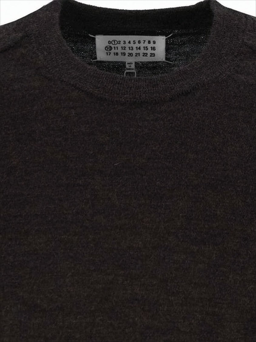 Maison Margiela Brown Wool Sweater With Suede Elbow Patches And Unique Stitch Detail