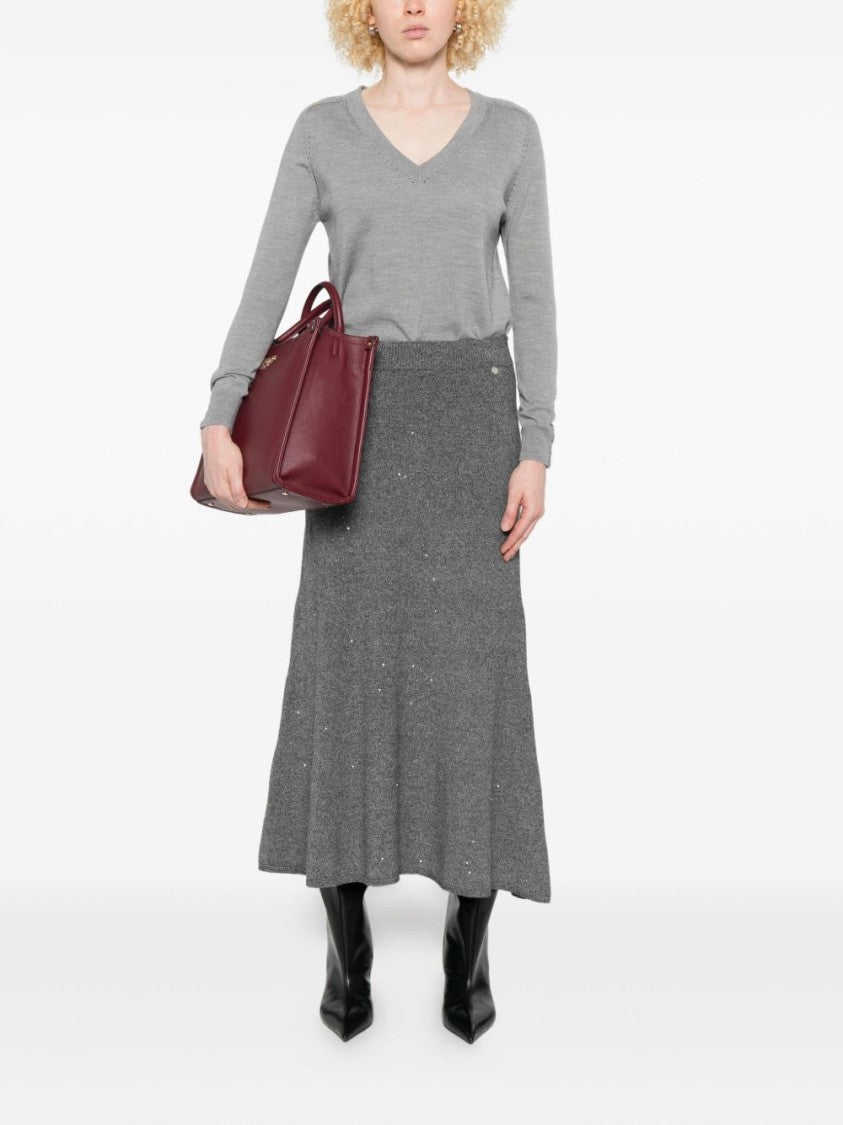 Liu Jo V-Neck Grey Sweater With Perforated Detailing