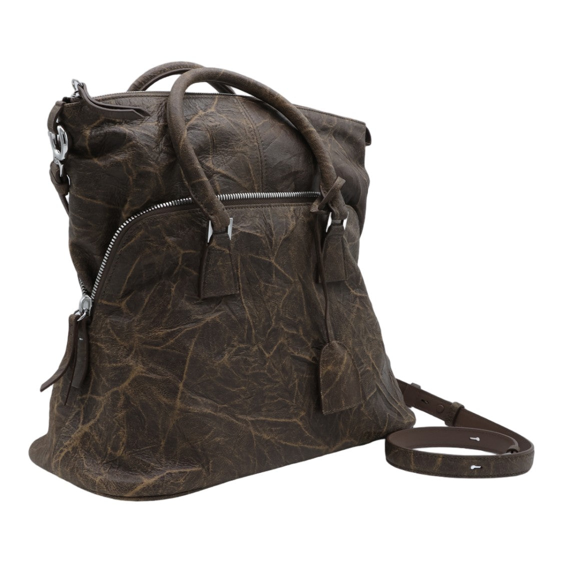 Maison Margiela Structured Handbag With Distressed Leather And Silver Accents