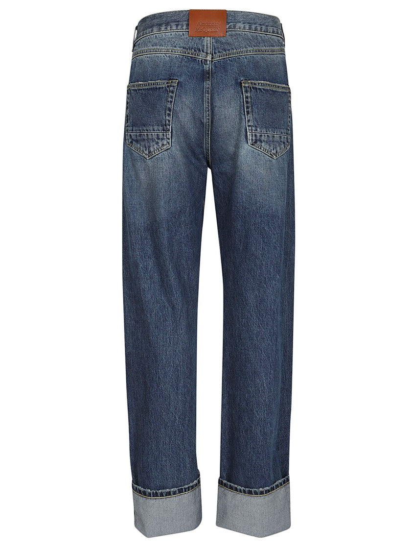 Alexander Mcqueen Blue Washed Cotton Jeans With Concealed Fastening