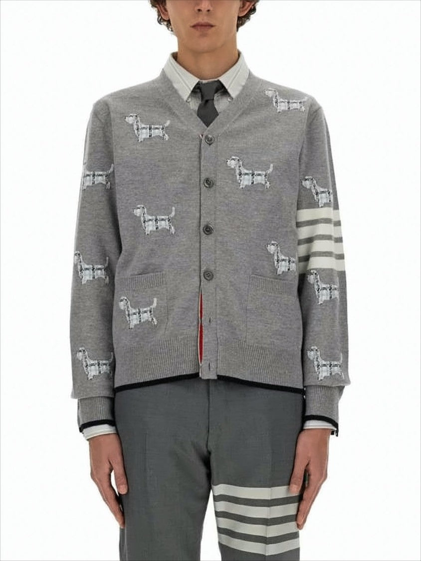Thom Browne Embroidered Grey Wool Blend Cardigan With Signature Stripes