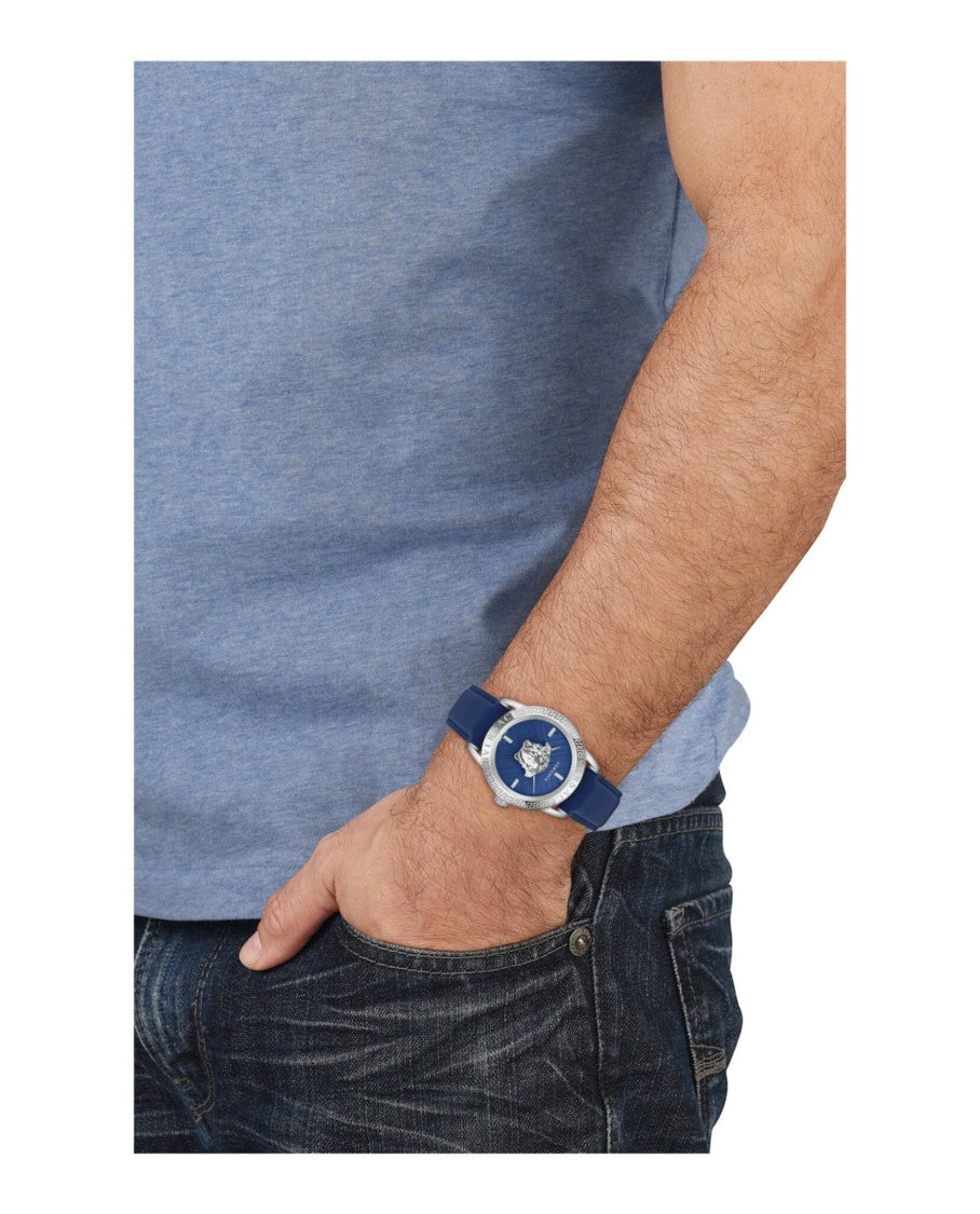 Versace V-Code Strap Watch With Blue Guilloche Dial