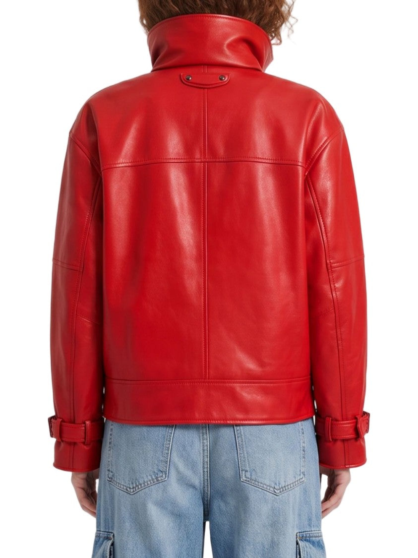 Balenciaga Round High Collar Lambskin Leather Bomber Jacket
