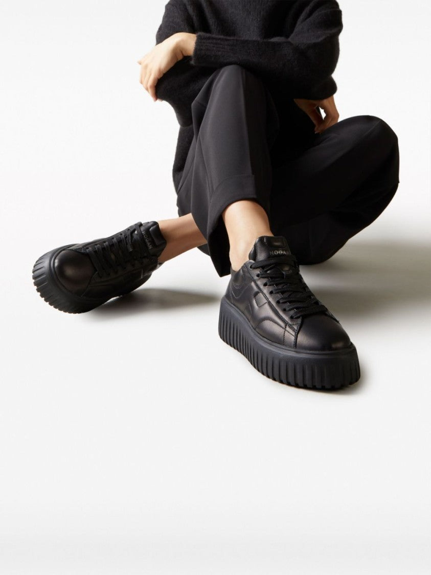 Hogan Minimalist Black Leather Sneakers With Thick Platform Sole