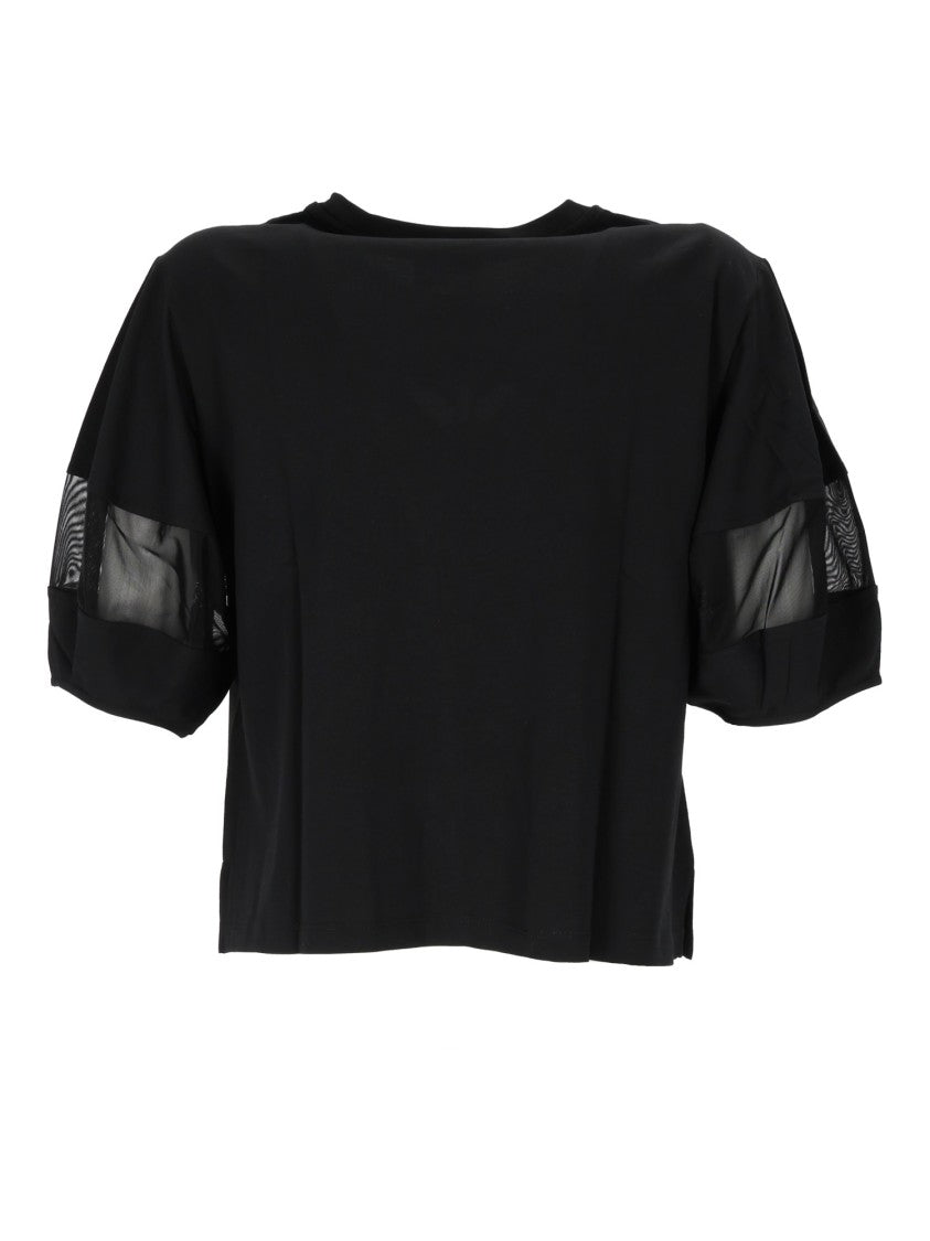 Emporio Armani Cropped Black Jumper With Sheer Mesh Panels And Embossed Logo