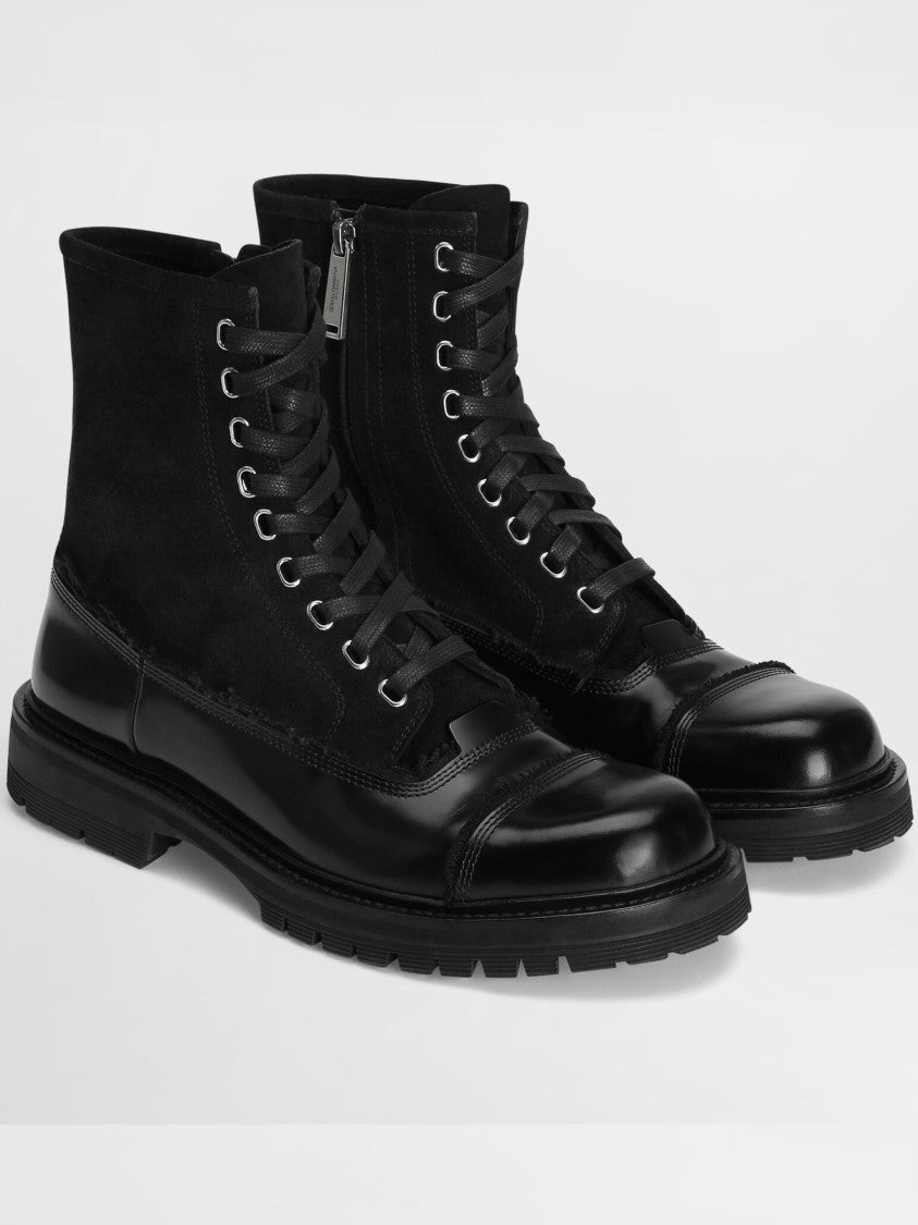 Dolce & Gabbana Black Calf Leather Lace-Up Rugged Ankle Boots