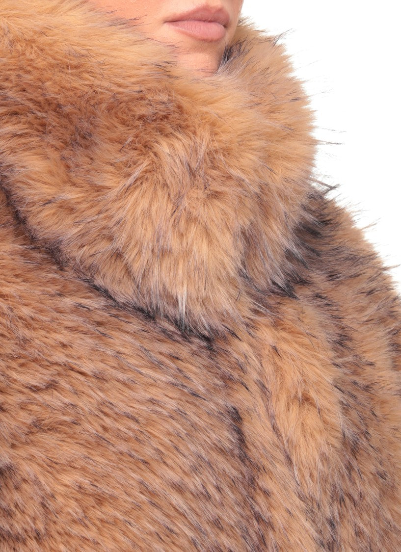Rotate Beige Cropped High-Neck Fur Jacket